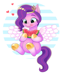 Size: 1488x1824 | Tagged: safe, artist:freyofelt, pipp petals (mlp), equine, fictional species, mammal, pegasus, pony, feral, hasbro, my little pony, my little pony g5, my little pony: a new generation, spoiler:my little pony g5, clothes, cute, eating, female, food, fruit, headband, headwear, heart, herbivore, hooves, mare, simple background, sitting, slightly chubby, solo, solo female, spread wings, underhoof, watermelon, wings