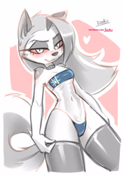 Size: 2480x3508 | Tagged: suggestive, artist:jizokuart, loona (vivzmind), canine, fictional species, hellhound, mammal, anthro, hazbin hotel, helluva boss, 2022, border, breasts, brown eyes, clothes, ears, female, gray hair, gris swimsuit meme, hair, high res, long hair, looking at you, one-piece swimsuit, smiling, smiling at you, solo, solo female, swimsuit, tail, thighs, white border