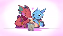 Size: 2250x1305 | Tagged: safe, artist:siggymcc, fictional species, kobold, reptile, anthro, ambiguous gender, blushing, bubble tea, drinking, duo, horns