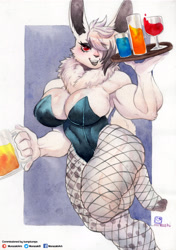 Size: 2460x3491 | Tagged: safe, artist:murazaki9, lagomorph, mammal, rabbit, anthro, big breasts, breasts, bunny suit, clothes, drink, female, fishnet, fishnet stockings, fluff, high res, legwear, muscles, muscular female, neck fluff, platter, see-through, solo, solo female, stockings, thick thighs, thighs, watercolor painting, wide hips