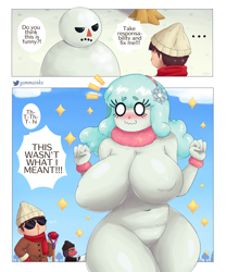 Size: 3000x3600 | Tagged: suggestive, artist:gammainks, cherry (animal crossing), villager (animal crossing), canine, dog, human, mammal, anthro, animal crossing, cc by-nc-nd, creative commons, nintendo, 2021, anthrofied, big breasts, black nose, blood, blushing, border, breasts, clothes, comic, dialogue, digital art, ears, embarrassed, eyelashes, featureless breasts, featureless crotch, female, fur, glasses, hair, hat, headwear, high res, looking at each other, male, nosebleed, snow, snowman, speech bubble, sunglasses, sweat, tail, talking, text, thighs, transformation, unamused, white border, wide hips