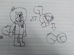Size: 1040x780 | Tagged: safe, artist:animeartistmii, sandy cheeks (spongebob), mammal, rodent, squirrel, anthro, plantigrade anthro, nickelodeon, spongebob squarepants (series), ball, female, irl, morph ball, photo, photographed artwork, solo, solo female, spacesuit, tail, traditional art, transformation, transformation sequence