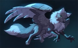 Size: 1280x789 | Tagged: safe, artist:hioshiru, oc, oc:luna the enfield, bird, canine, enfield, fictional species, fox, mammal, feral, abstract background, border, chest fluff, claws, commission, cute, ear piercing, earring, female, fluff, flying, looking at you, moonlight, night, paws, paws in air, piercing, signature, solo, solo female, tail, tail fluff, talons, wings