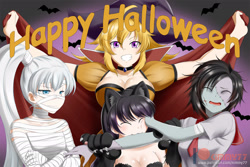Size: 1920x1280 | Tagged: safe, artist:kimmy77, blake belladonna (rwby), ruby rose (rwby), animal humanoid, bat, cat, feline, fictional species, human, mammal, undead, zombie, humanoid, rooster teeth, rwby, 2018, ambiguous gender, clothes, costume, female, group, halloween, halloween costume, happy halloween, hat, headwear, holiday, mummy, mummy costume, weiss schnee (rwby), witch, witch costume, witch hat, yang xiao long (rwby)