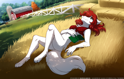 Size: 1942x1248 | Tagged: safe, artist:twokinds, roselyn (twokinds), fictional species, keidran, mammal, anthro, digitigrade anthro, twokinds, 2022, breasts, ears, eyes closed, female, hair, looking at you, red hair, smiling, smiling at you, solo, solo female, tail, thighs, white body, white tail