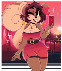 Size: 2800x3200 | Tagged: safe, artist:wirelessshiba, oc, oc only, oc:shelly (wirelessshiba), mammal, rodent, squirrel, anthro, 2022, belt, bracelet, breasts, buckteeth, cell phone, cleavage, clothes, ear piercing, elbow fluff, female, fluff, hair, high res, jewelry, looking at you, necklace, one eye closed, open mouth, open smile, phone, piercing, purple hair, shoulder fluff, smartphone, smiling, solo, solo female, teeth