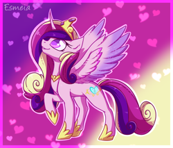 Size: 950x810 | Tagged: safe, artist:esmeia, princess cadence (mlp), alicorn, equine, fictional species, mammal, pony, feral, friendship is magic, hasbro, my little pony, crown, feathered wings, feathers, female, fur, headwear, heart, hoof shoes, jewelry, mare, multicolored mane, multicolored tail, pink body, pink eyes, pink fur, regalia, solo, solo female, spread wings, tail, wings