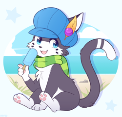 Size: 2000x1927 | Tagged: safe, artist:higglytownhero, oc, oc only, cat, feline, mammal, feral, 2d, blue eyes, cute, food, front view, looking at you, male, open mouth, open smile, paw pads, paws, popsicle, sea salt ice cream, sitting, smiling, smiling at you, solo, solo male, three-quarter view