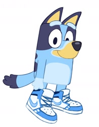 Size: 1272x1622 | Tagged: safe, artist:higglytownhero, bluey heeler (bluey), australian cattle dog, canine, dog, mammal, semi-anthro, bluey (series), 2d, blue body, blue fur, clothes, female, fur, looking at you, on model, puppy, shoes, simple background, smiling, smiling at you, solo, solo female, three-quarter view, white background, young