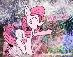 Size: 2376x1866 | Tagged: safe, artist:muhammad yunus, oc, oc only, oc:annisa trihapsari, earth pony, equine, fictional species, mammal, pony, feral, friendship is magic, hasbro, my little pony, 2022, eyes closed, female, fireworks, happy new year 2022, holiday, mare, medibang paint, new year, open mouth, open smile, smiling, solo, solo female