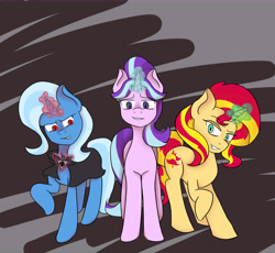 Size: 13600x12512 | Tagged: safe, artist:doodle-queenie-stuff, starlight glimmer (mlp), sunset shimmer (mlp), trixie (mlp), equine, fictional species, mammal, pony, unicorn, feral, friendship is magic, hasbro, my little pony, 2018, clothes, evil grin, female, females only, glowing, glowing horn, grin, hair, hooves, horn, magic, multicolored hair, raised hoof, trio, trio female, two toned hair
