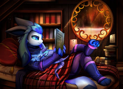 Size: 1280x931 | Tagged: safe, artist:pridark, eeveelution, fictional species, glaceon, mammal, feral, nintendo, pokémon, 2021, ambiguous gender, black nose, book, clothes, commission, digital art, ears, fur, hair, paw pads, paws, reading, solo, solo ambiguous, tail