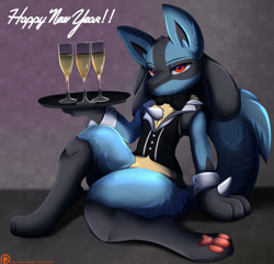 Size: 1280x1236 | Tagged: safe, artist:pridark, fictional species, lucario, mammal, anthro, digitigrade anthro, nintendo, pokémon, 2022, bedroom eyes, champagne, champagne glass, clothes, digital art, ears, fur, holiday, looking at you, male, new year, paw pads, paws, solo, solo male, spikes, tail