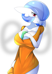 Size: 2480x3508 | Tagged: suggestive, artist:ashraely_, fictional species, gardevoir, shiny pokémon, anthro, nintendo, pokémon, 2020, big breasts, breasts, clothes, digital art, dress, ears, eyelashes, female, hair, high res, looking at you, one eye closed, solo, solo female, thighs, wide hips