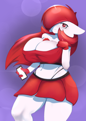 Size: 2480x3508 | Tagged: suggestive, artist:ashraely_, oc, oc only, fictional species, gardevoir, anthro, nintendo, pokémon, 2020, belly button, bottomwear, breasts, clothes, digital art, ears, eyelashes, female, hair, high res, huge breasts, looking at you, one eye closed, panties, simple background, skirt, solo, solo female, tank top, thighs, topwear, underwear, wide hips