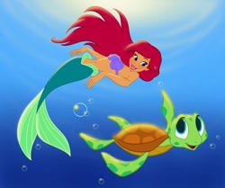 Size: 1024x856 | Tagged: safe, artist:wcean, ariel (the little mermaid), fictional species, fish, mammal, mermaid, reptile, sea turtle, turtle, feral, humanoid, disney, the little mermaid (disney), 2017, ambiguous gender, blue eyes, bra, bubbles, clothes, duo, female, fins, fish tail, green scales, hair, long hair, mermaid tail, open mouth, open smile, red hair, scales, seashell bra, smiling, tail, underwater, underwear, water