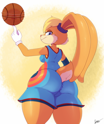Size: 1074x1280 | Tagged: safe, artist:mr.bigdon1992, lola bunny (looney tunes), lagomorph, mammal, rabbit, anthro, looney tunes, space jam, space jam: a new legacy, warner brothers, 2020, ball, basketball, bedroom eyes, blushing, bottomwear, breasts, butt, clothes, digital art, ears, eyelashes, female, fur, gloves, hair, looking at you, looking back, looking back at you, pink nose, rear view, shorts, simple background, solo, solo female, sports shorts, tail, tank top, thighs, topwear, wide hips