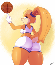 Size: 1074x1280 | Tagged: suggestive, alternate version, artist:mr.bigdon1992, lola bunny (looney tunes), lagomorph, mammal, rabbit, anthro, looney tunes, space jam, warner brothers, 2020, ball, basketball, bedroom eyes, blushing, bottomwear, breasts, butt, cameltoe, clothes, digital art, ears, eyelashes, fur, gloves, hair, looking at you, looking back, looking back at you, pink nose, rear view, shorts, simple background, sports shorts, tail, tank top, thighs, topwear, wide hips