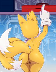 Size: 1008x1280 | Tagged: suggestive, artist:bigdon1992, miles "tails" prower (sonic), canine, fox, mammal, red fox, anthro, sega, sonic the hedgehog (series), 2020, armpits, breasts, butt, cheek fluff, clothes, digital art, ears, eyelashes, female, fluff, fur, gloves, hair, mila "tails" prower, multiple tails, rear view, rearboob, rule 63, simple background, solo, solo female, tail, tailsko, thighs, toolbox, two tails, vixen, wide hips