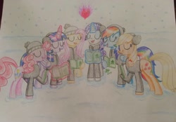 Size: 1604x1119 | Tagged: safe, artist:prinrue, applejack (mlp), fluttershy (mlp), pinkie pie (mlp), rainbow dash (mlp), rarity (mlp), twilight sparkle (mlp), alicorn, earth pony, equine, fictional species, mammal, pegasus, pony, unicorn, feral, friendship is magic, hasbro, my little pony, 2019, applejack's hat, caroling, christmas, clothes, cowboy hat, earmuffs, female, fire of friendship, glowing, glowing horn, hat, headwear, holiday, horn, jacket, magic, mane six (mlp), mare, snow, stetson, sweater, topwear, traditional art, winter clothes, winter outfit