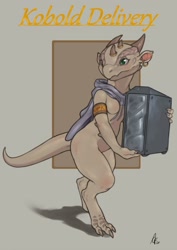 Size: 905x1280 | Tagged: safe, artist:crestfallenart1, fictional species, kobold, reptile, anthro, digitigrade anthro, computer, ear piercing, earring, ears, female, green eyes, horns, nudity, paws, piercing, scales, signature, solo, tail