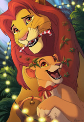 Size: 880x1280 | Tagged: safe, artist:omega_lioness, kiara (the lion king), simba (the lion king), big cat, feline, lion, mammal, disney, the lion king, bell, candy cane, christmas, christmas lights, daughter, father, father and child, father and daughter, female, happy, holiday, holly, jingle bells, lights, lioness, male, ribbon