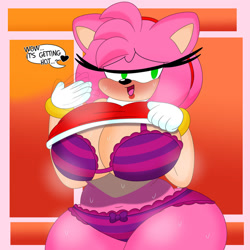 Size: 1024x1024 | Tagged: suggestive, artist:3barts, amy rose (sonic), hedgehog, mammal, anthro, sega, sonic the hedgehog (series), bra, breasts, clothes, dress lift, female, hot, huge breasts, lipstick, makeup, panties, solo, solo female, striped clothes, striped underwear, sweat, thighs, underwear, undressing, wide hips
