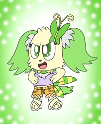 Size: 1166x1434 | Tagged: safe, artist:harmony__bunny, peridot (jewelpet), arthropod, butterfly, canine, dog, insect, mammal, papillon, spaniel, semi-anthro, jewelpet (sanrio), sanrio, bottomwear, clothes, ears, female, sandals, shirt, shoes, shorts, solo, solo female, tail, toes, topwear