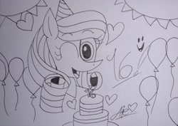 Size: 3180x2248 | Tagged: safe, artist:muhammad yunus, oc, oc only, oc:annisa trihapsari, earth pony, equine, fictional species, mammal, pony, feral, friendship is magic, hasbro, my little pony, balloon, birthday, birthday cake, birthday hat, cake, female, food, heart, high res, looking at you, one eye closed, open mouth, sketch, solo, solo female, traditional art