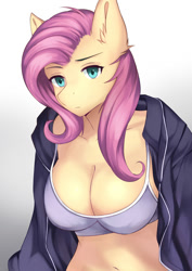 Size: 905x1280 | Tagged: safe, artist:kironzen, fluttershy (mlp), equine, fictional species, mammal, pegasus, pony, anthro, friendship is magic, hasbro, my little pony, 2022, belly button, big breasts, bikini, bikini top, breasts, clothes, digital art, ears, eyelashes, female, fur, hair, jacket, looking at you, pose, solo, solo female, swimsuit, tail, topwear