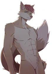 Size: 905x1280 | Tagged: suggestive, artist:kironzen, oc, oc only, canine, mammal, wolf, anthro, 2021, abs, belly button, digital art, ears, featureless crotch, fur, hair, hand on hip, looking at you, male, muscles, nudity, pecs, pink nose, pose, simple background, smiling, smiling at you, solo, solo male, tail, thighs