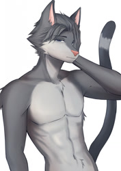 Size: 905x1280 | Tagged: suggestive, artist:kironzen, oc, oc only, cat, feline, mammal, anthro, 2021, abs, belly button, black nose, digital art, ears, fur, hair, looking at you, male, muscles, nudity, pecs, pink nose, pose, simple background, solo, solo male, tail