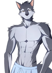 Size: 905x1280 | Tagged: safe, artist:kironzen, oc, oc only, canine, mammal, wolf, anthro, 2021, abs, bedroom eyes, belly button, black nose, bottomwear, clothes, digital art, ears, fur, hair, looking at you, male, muscles, pecs, pose, shorts, simple background, solo, solo male, tail, thighs
