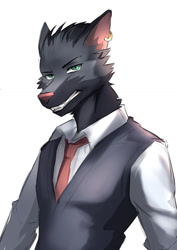 Size: 744x1052 | Tagged: safe, artist:kironzen, oc, oc only, canine, mammal, wolf, anthro, 2021, bedroom eyes, bust, clothes, digital art, ears, fur, hair, looking at you, male, necktie, pink nose, portrait, simple background, solo, solo male