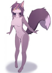 Size: 905x1280 | Tagged: safe, artist:kironzen, oc, oc only, canine, dog, mammal, anthro, digitigrade anthro, 2021, belly button, breasts, digital art, ears, featureless breasts, featureless crotch, female, fur, hair, looking at you, pink nose, pose, simple background, solo, solo female, tail, thighs, wide hips
