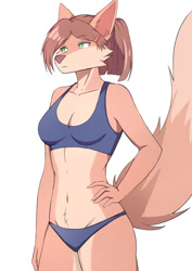 Size: 905x1280 | Tagged: safe, artist:kironzen, oc, oc only, canine, mammal, wolf, anthro, 2021, belly button, bikini, breasts, clothes, digital art, ears, female, fur, green eyes, hair, hair accessory, hair clip, hand on hip, looking at you, pink nose, pose, simple background, solo, solo female, swimsuit, tail, thighs, wide hips