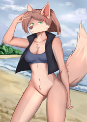 Size: 905x1280 | Tagged: safe, artist:kironzen, oc, oc only, canine, mammal, wolf, anthro, 2021, beach, belly button, bikini, bikini top, bottomless, breasts, clothes, digital art, ears, featureless crotch, female, fur, green eyes, hair, hair accessory, hair clip, looking at you, nudity, partial nudity, pink nose, pose, solo, solo female, swimsuit, tail, thighs, topwear, vest, wide hips