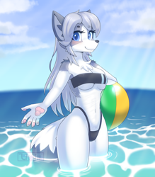 Size: 1500x1713 | Tagged: safe, artist:puetsua, oc, oc only, oc:gin (puetsua), canine, fox, mammal, anthro, ball, beach ball, breasts, clothes, female, gris swimsuit meme, ocean, one-piece swimsuit, solo, solo female, swimsuit, water
