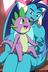 Size: 844x1280 | Tagged: safe, artist:caluriri, princess ember (mlp), spike (mlp), dragon, fictional species, western dragon, semi-anthro, friendship is magic, hasbro, my little pony, barb (mlp), blue body, dragoness, duo, female, green eyes, male, prince ash (mlp), purple body, red eyes, rule 63, young