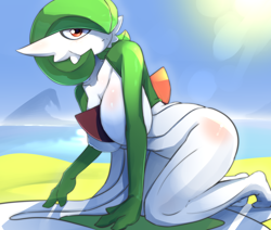 Size: 3508x2976 | Tagged: suggestive, artist:ashraely_, fictional species, gardevoir, anthro, nintendo, pokémon, 2020, all fours, belly button, big breasts, breast blush, breasts, butt, butt blush, clothes, digital art, ears, eyelashes, female, hair, high res, nipple outline, solo, solo female, thighs, wide hips