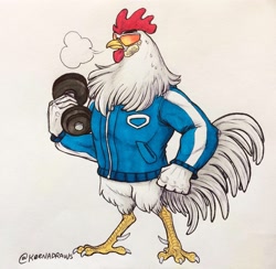 Size: 1440x1404 | Tagged: safe, artist:keenadraws, bird, chicken, anthro, animal crossing, nintendo, 2d, dumbbells, feathers, goose (animal crossing), male, rooster, solo, solo male, tail, tail feathers, traditional art