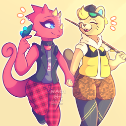 Size: 3840x3840 | Tagged: safe, artist:nagifur, c.j. (animal crossing), flick (animal crossing), arthropod, beaver, butterfly, chameleon, insect, lizard, mammal, reptile, rodent, anthro, animal crossing, animal crossing: new horizons, nintendo, blue eyes, duo, duo male, eyes closed, femboy, high res, male, males only