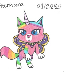 Size: 700x783 | Tagged: safe, artist:cmara, felicity (rbuk), arthropod, butterfly, cat, chimera, equine, feline, fictional species, hybrid, insect, mammal, unicorn, feral, nickelodeon, rainbow butterfly unicorn kitty (series), 2d, blue eyes, butterfly wings, female, fur, horn, rainbow fur, simple background, solo, solo female, traditional art, white background