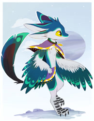 Size: 991x1280 | Tagged: safe, artist:aseethe, oc, oc only, oc:stomak, oc:stomak (avali), avali, fictional species, semi-anthro, 2022, 4 ears, bird feet, black eyes, blue feathers, border, chest fluff, claws, collar, colored sclera, feathers, fluff, four ears, fur, green feathers, male, multicolored fur, multiple ears, outline, paws, pet tag, side view, signature, solo, solo male, tail, teal fur, two toned body, two toned fur, white body, white border, white feathers, white fur, white outline, winged arms, wings, yellow sclera