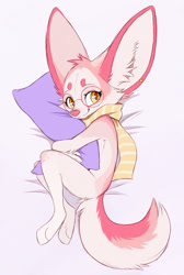 Size: 862x1280 | Tagged: safe, artist:aseethe, canine, fennec fox, fox, mammal, anthro, digitigrade anthro, 2022, ambiguous gender, big ears, cheek fluff, clothes, colored pupils, ear fluff, ear piercing, ears, eyelashes, fluff, fur, hug, looking at you, lying down, on side, paws, piercing, pillow, pink body, pink fur, pink nose, scarf, smiling, solo, solo ambiguous, tail, top view, yellow eyes