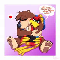 Size: 2048x2048 | Tagged: safe, artist:skelly_doll, banjo (banjo-kazooie), kazooie (banjo-kazooie), bear, bird, breegull, fictional species, mammal, red crested breegull, anthro, banjo-kazooie, nintendo, nintendo switch, rareware, female, high res, hug, male, paw pads, paws
