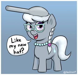 Size: 1514x1464 | Tagged: safe, artist:heretichesh, silver spoon (mlp), earth pony, equine, fictional species, mammal, pony, friendship is magic, hasbro, my little pony, dialogue, female, filly, foal, glasses, gradient background, jewelry, necklace, pearl necklace, solo, solo female, speech bubble, spoon, talking, talking to viewer, young