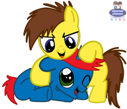 Size: 999x858 | Tagged: safe, artist:mrstheartist, artist:selenaede, oc, oc only, oc:ponyseb (brown hair), oc:train track, equine, fictional species, mammal, pegasus, pony, unicorn, feral, friendship is magic, hasbro, my little pony, base used, colt, cute, duo, foal, looking at each other, male, noogies, playful, self upload, stallion, young
