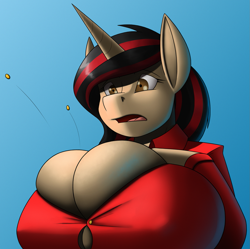 Size: 1509x1500 | Tagged: suggestive, artist:creatiffy, oc, oc only, equine, fictional species, mammal, pony, unicorn, anthro, hasbro, my little pony, 2020, braless, breast expansion, breasts, button popping, clothes, digital art, ears, expansion, eyelashes, female, fur, hair, horn, huge breasts, looking down, nipple outline, open mouth, shirt, shocked, simple background, solo, solo female, tongue, topwear