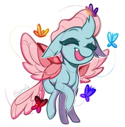 Size: 481x488 | Tagged: safe, artist:esmeia, ocellus (mlp), arthropod, butterfly, changedling, changeling, equine, fictional species, insect, friendship is magic, hasbro, my little pony, blue body, blue fur, cute, cute little fangs, eyes closed, fangs, female, front view, fur, hair, mane, open mouth, pink hair, pink mane, pink tail, simple background, smiling, solo, solo female, spread wings, tail, teeth, three-quarter view, white background, wings